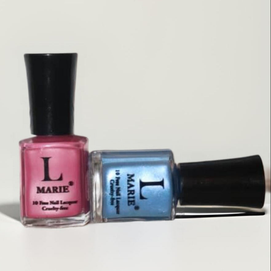 Two bottles of Li Marie nail polish, one pink and one blue, on a light gray background.